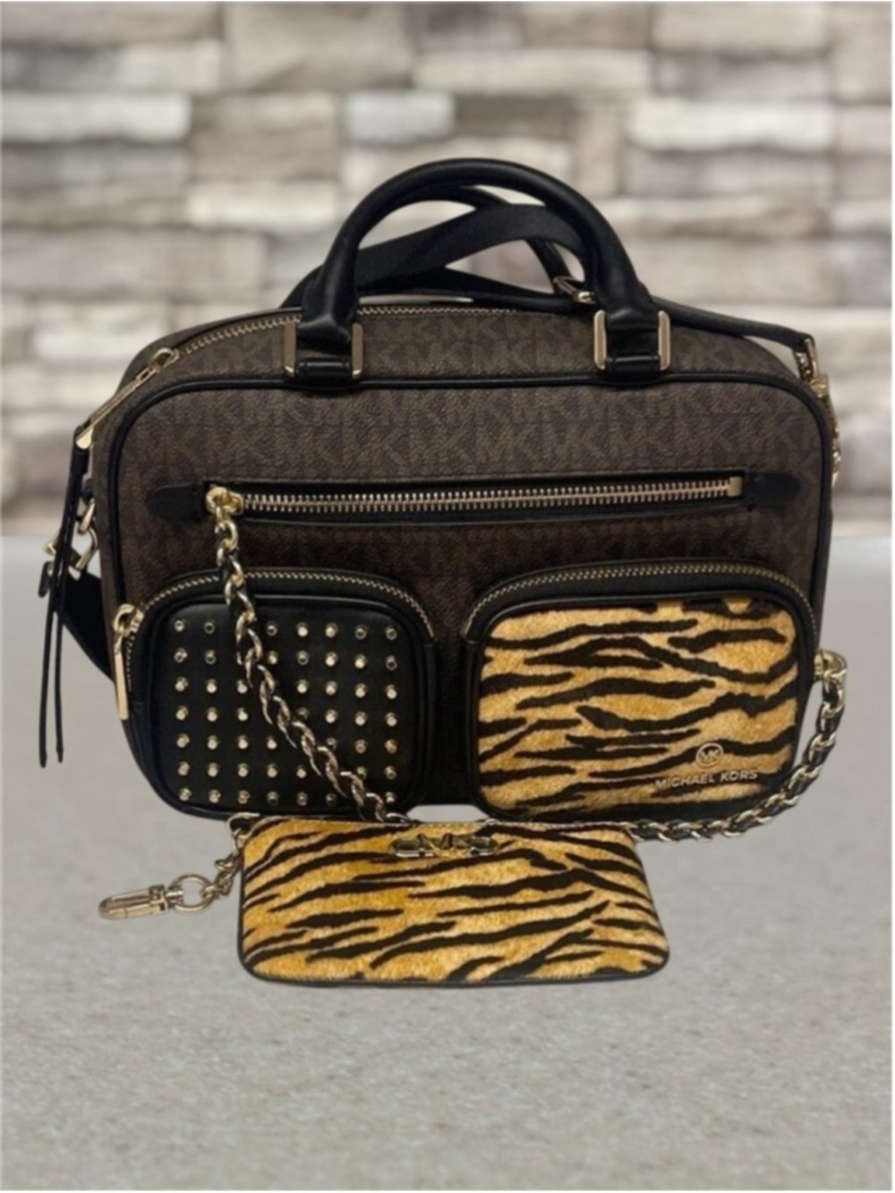 Michael Kors Elliot Utility Crossbody & Wallet Brown Black Logo Tiger Studs